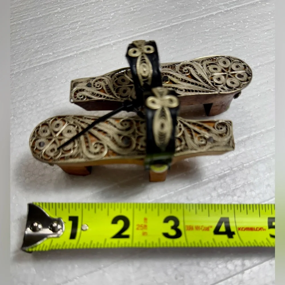Vintage Wooden Miniature Sandals with Intricate Silver Detailing